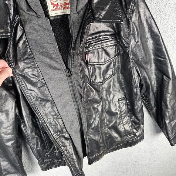 Levis Jacket XL Hooded Faux Leather Brown Sherpa Lined Full Zip Mens Double Zip - Picture 8 of 13